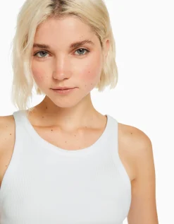 BERSHKA Camiseta sin mangas rib Blanco roto Clearance