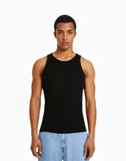 BERSHKA Camiseta tirantes rib Negro Cheap