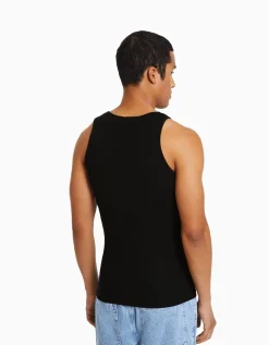 BERSHKA Camiseta tirantes rib Negro Cheap