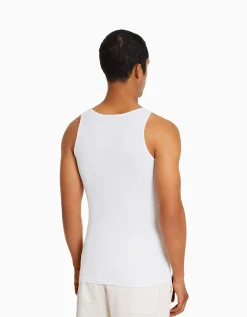 BERSHKA Camiseta tirantes rib Blanco Hot