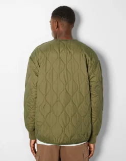 BERSHKA Cazadora acolchada cuello pico Kaki Outlet