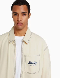 BERSHKA Cazadora algodón costuras contraste bordado Crudo New