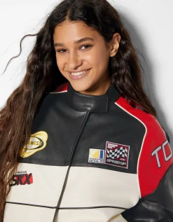 BERSHKA Cazadora bomber efecto piel racing Rojo Online