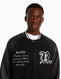BERSHKA Cazadora bomber paño efecto piel Negro Discount