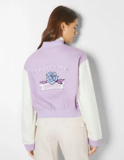 BERSHKA Cazadora bomber varsity mangas contraste Morado Best