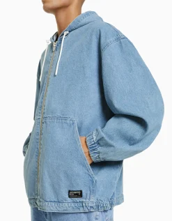 BERSHKA Cazadora capucha denim Azul claro Flash Sale