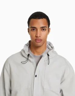 BERSHKA Cazadora capucha denim parachute Gris Best Sale