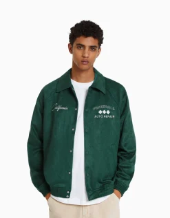 BERSHKA Cazadora efecto ante bordado Verde Flash Sale