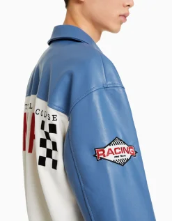 BERSHKA Cazadora efecto ante y efecto piel racing Azul Store