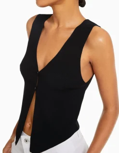 BERSHKA Chaleco punto botones Negro Outlet