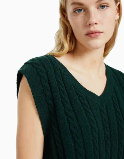 BERSHKA Chaleco punto cuello pico Crudo New