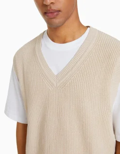 BERSHKA Chaleco punto cuello pico Azul claro Online