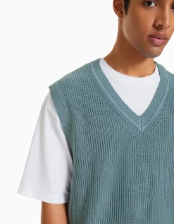 BERSHKA Chaleco punto cuello pico Azul claro Flash Sale