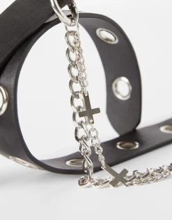 BERSHKA Cinturón cadena eyelets cruz Negro New