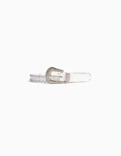 BERSHKA Cinturón tachas strass Blanco Cheap