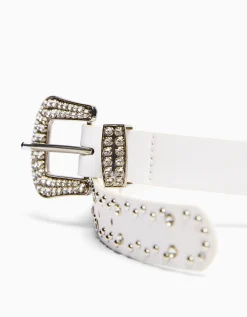 BERSHKA Cinturón tachas strass Blanco Cheap