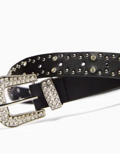 BERSHKA Cinturón tachas strass Blanco Store