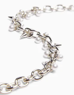 BERSHKA Collar pinchos efecto perlas Plata Cheap