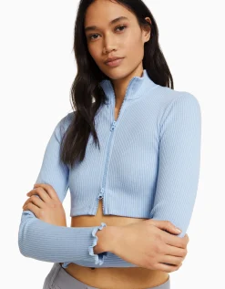 BERSHKA Cárdigan cropped cuello perkins cremallera Azul claro Fashion