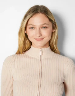 BERSHKA Cárdigan cuello perkins cremallera rib Arena Hot