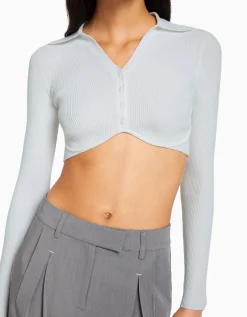 BERSHKA Cárdigan cuello polo cropped botones Blanco Clearance