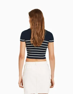 BERSHKA Cárdigan manga corta cuello polo Azul Outlet