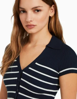 BERSHKA Cárdigan manga corta cuello polo Azul Outlet