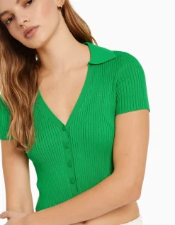 BERSHKA Cárdigan manga corta cuello polo Azul Flash Sale