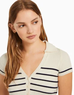 BERSHKA Cárdigan manga corta cuello polo Azul Discount