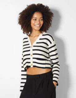 BERSHKA Cárdigan rib rayas Crudo New