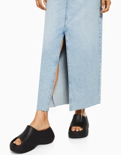 BERSHKA Falda denim larga Azul lavado Fashion