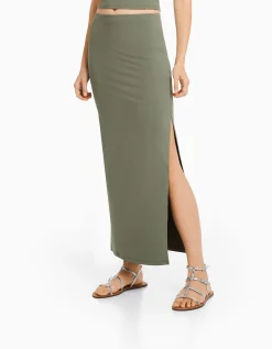 BERSHKA Falda midi Negro Outlet