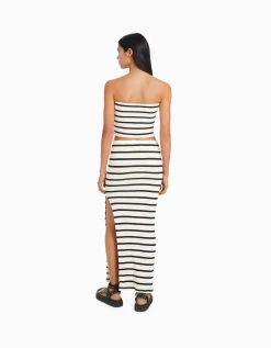 BERSHKA Falda midi rayas Kaki Discount
