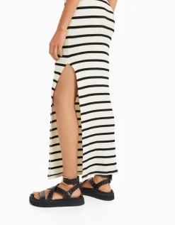 BERSHKA Falda midi rayas Kaki Discount
