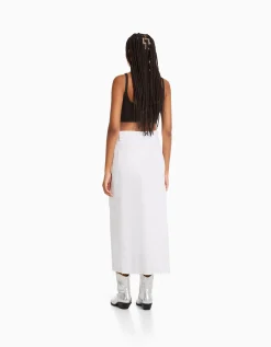 BERSHKA Falda midi sarga algodón abertura delantera Blanco Flash Sale