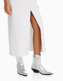 BERSHKA Falda midi sarga algodón abertura delantera Blanco Flash Sale