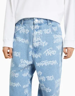 BERSHKA Jeans baggy print Azul lavado Cheap