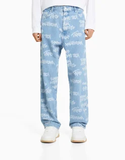 BERSHKA Jeans baggy print Azul lavado New