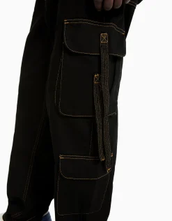 BERSHKA Jeans cargo hilo contraste cintas Negro Flash Sale