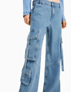 BERSHKA Jeans cargo multipocket Azul lavado Clearance