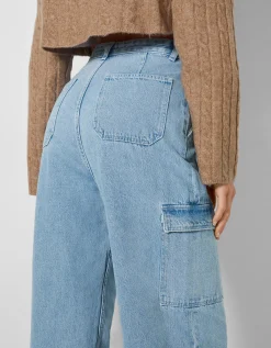 BERSHKA Jeans cargo wide Kaki Cheap