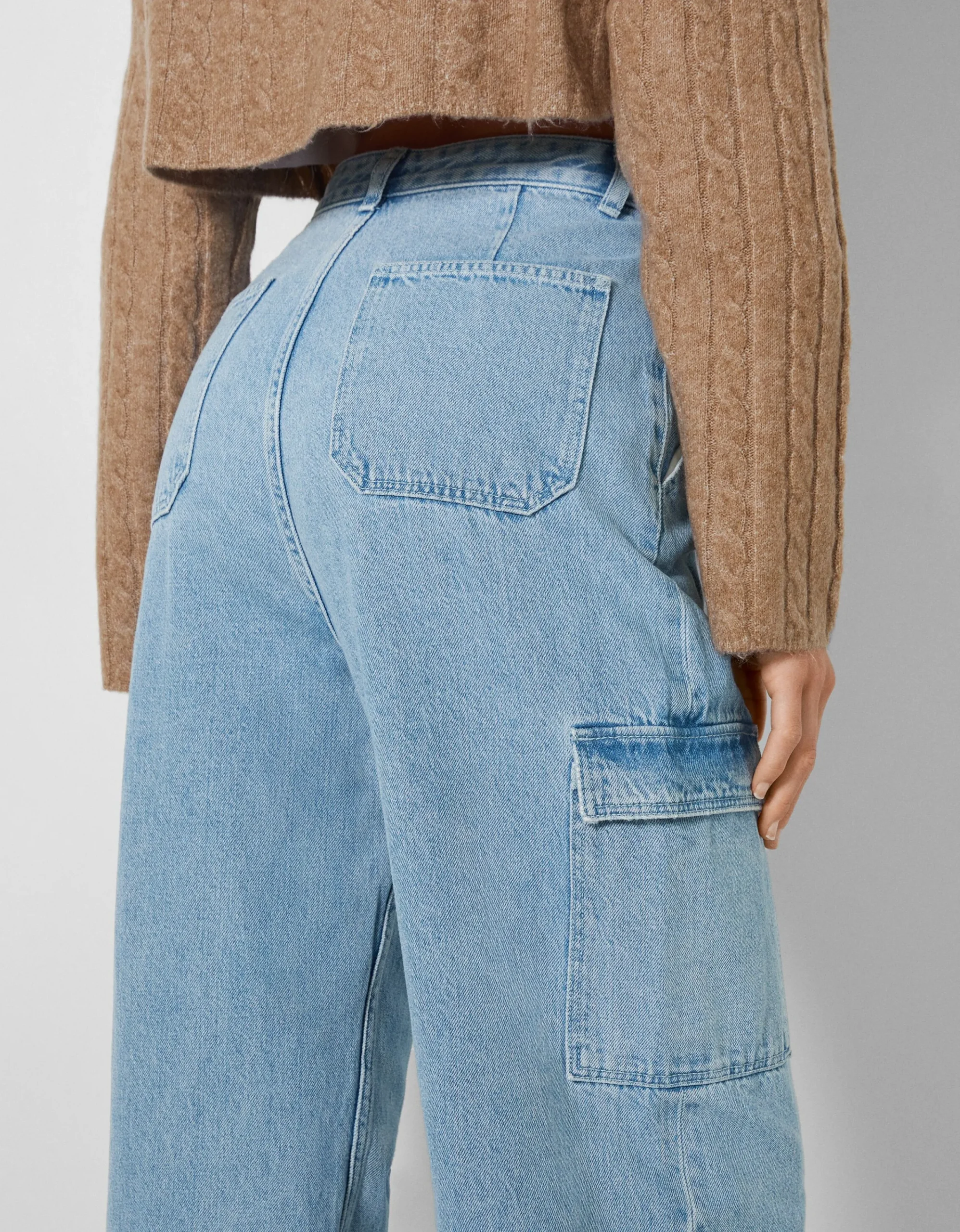 BERSHKA Jeans cargo wide Kaki Cheap