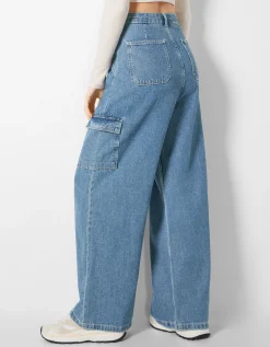 BERSHKA Jeans cargo wide Azul Fashion