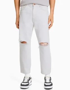 BERSHKA Jeans loose rotos Blanco Discount