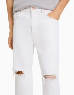 BERSHKA Jeans loose rotos Blanco Discount