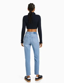 BERSHKA Jeans mom confort rotos Azul Clearance