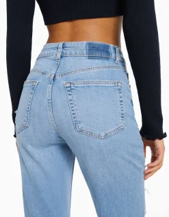 BERSHKA Jeans mom confort rotos Azul Clearance