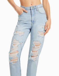 BERSHKA Jeans mom rotos Azul lavado Best