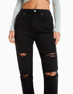 BERSHKA Jeans mom rotos Azul Sale