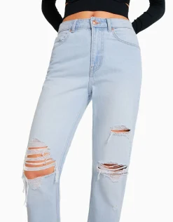 BERSHKA Jeans mom rotos Azul Cheap